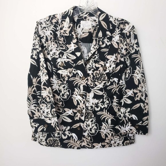 Christopher & Banks Jackets & Blazers - Christopher & Banks Women's Black Button Down White Tan Floral Jacket Coat